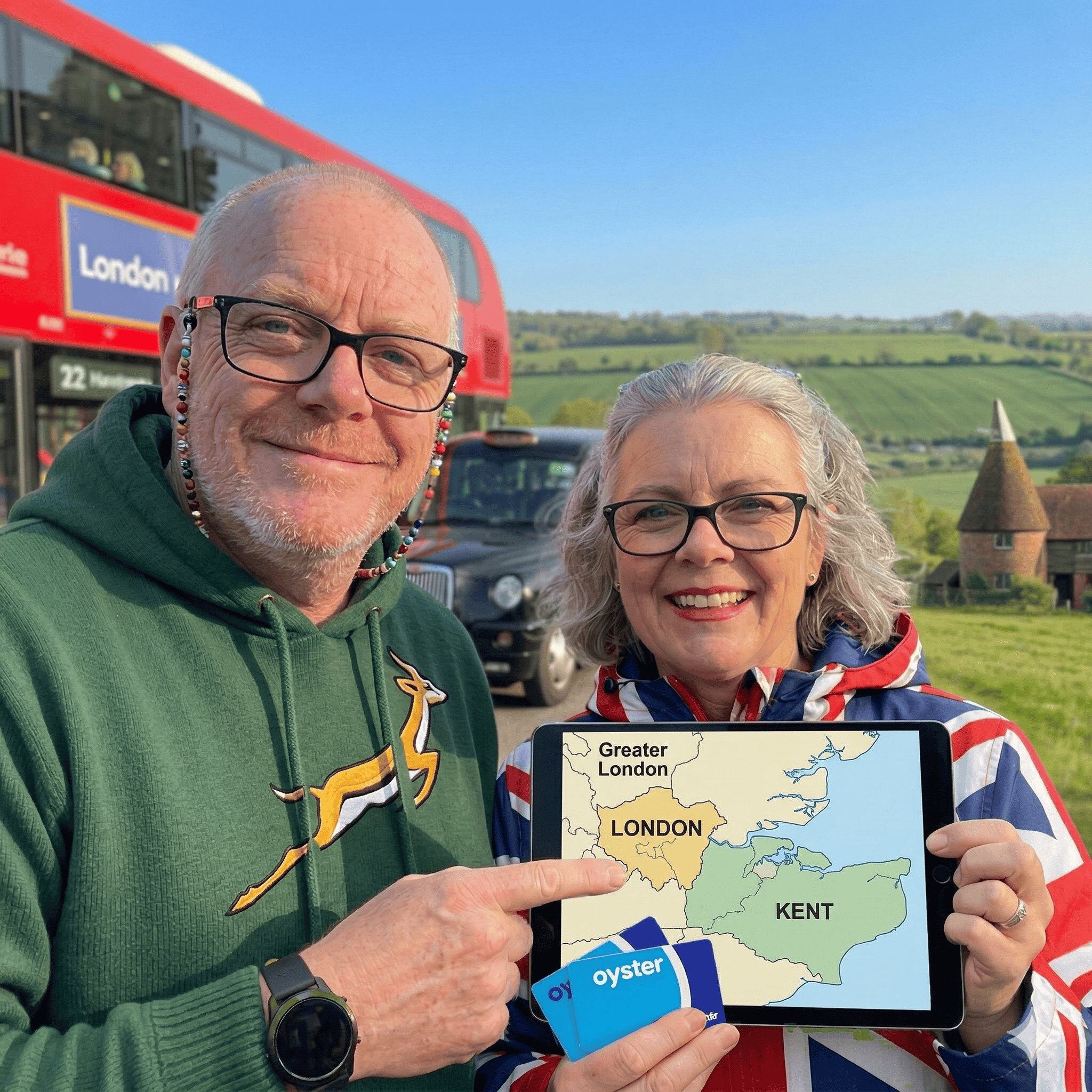 Craig and Kirsten Bruun, smiling — South African-born couple based in Ivy Hatch, Kent, founders of See-You-Now-Now